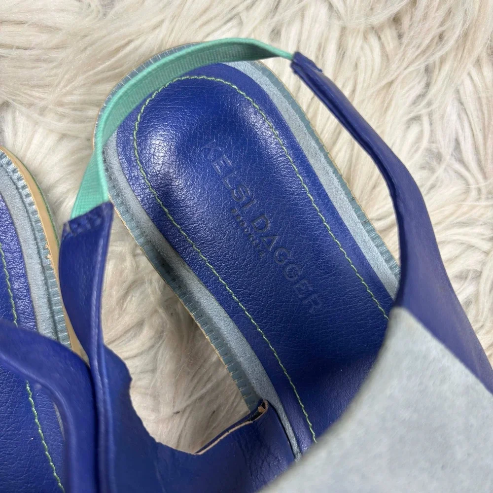 Kelsi Daggar Women's 7.5 Blue Patchwork Sling Back Sandals‎ Boho Resort Artsy